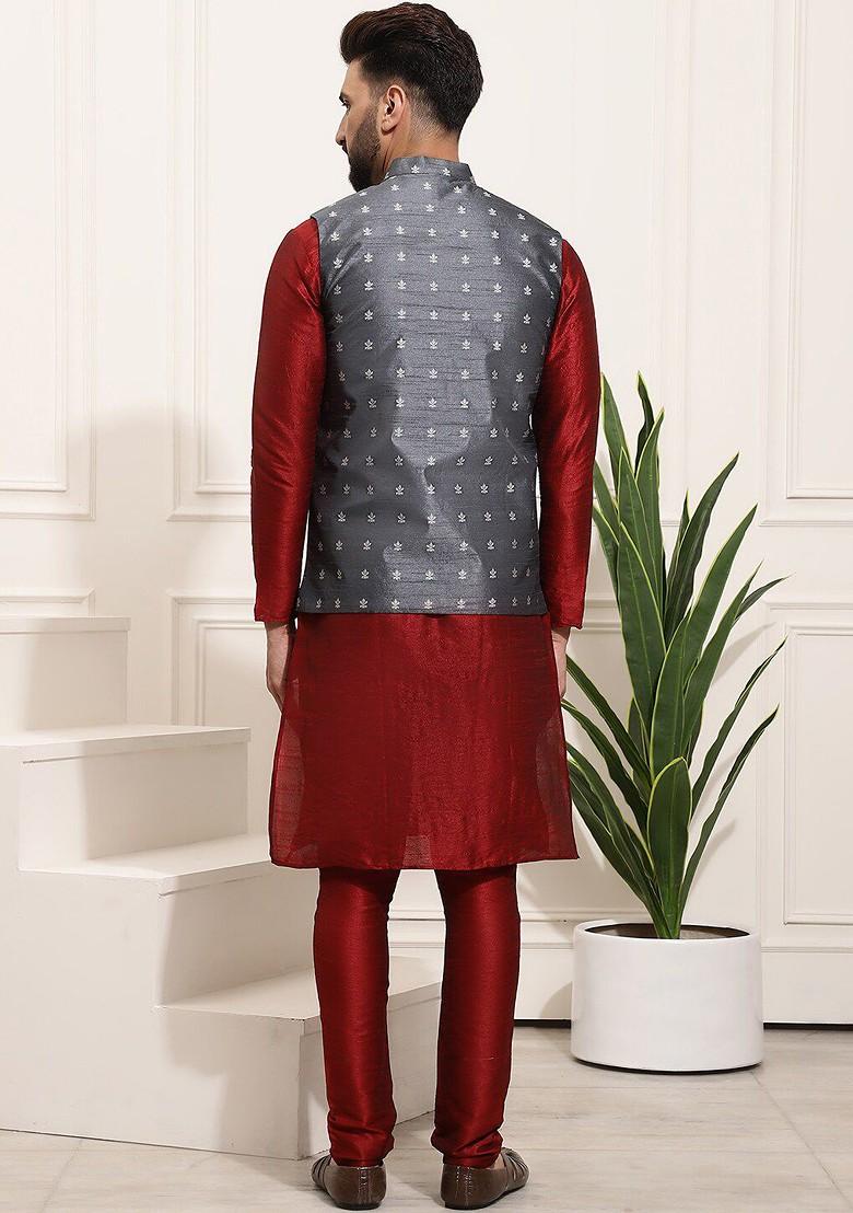 Maroon Printed Poly Blend Kurta Set For Men