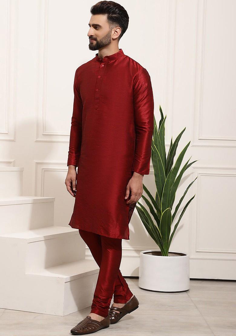 Maroon Printed Poly Blend Kurta Set For Men