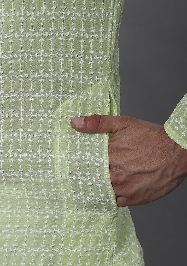 Green Embroidered Cotton Kurta Set For Men