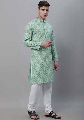 Sea Green Ethnic Motifs Cotton Kurta Set For Men