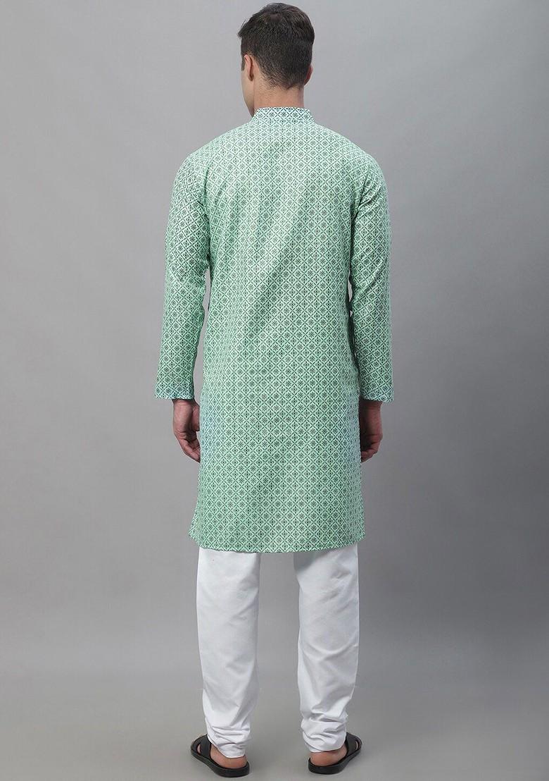 Sea Green Ethnic Motifs Cotton Kurta Set For Men