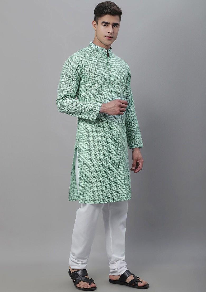 Sea Green Ethnic Motifs Cotton Kurta Set For Men