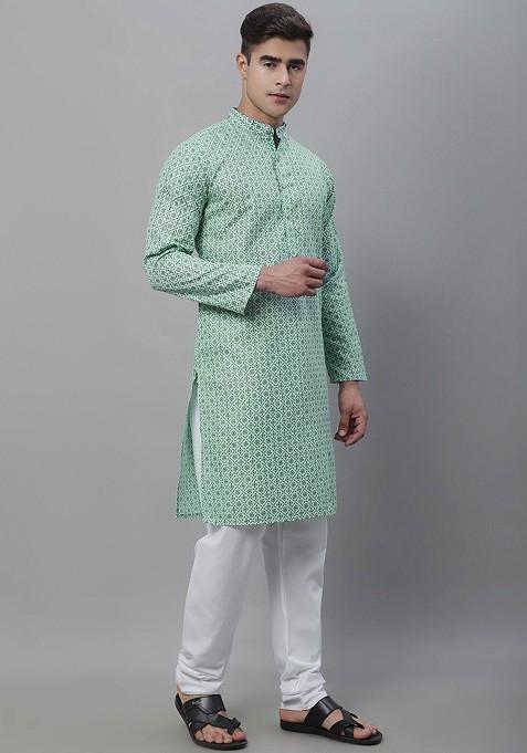 Sea Green Ethnic Motifs Cotton Kurta Set For Men