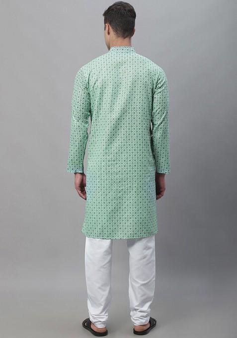 Sea Green Ethnic Motifs Cotton Kurta Set For Men