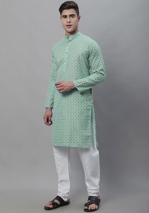 Sea Green Ethnic Motifs Cotton Kurta Set For Men