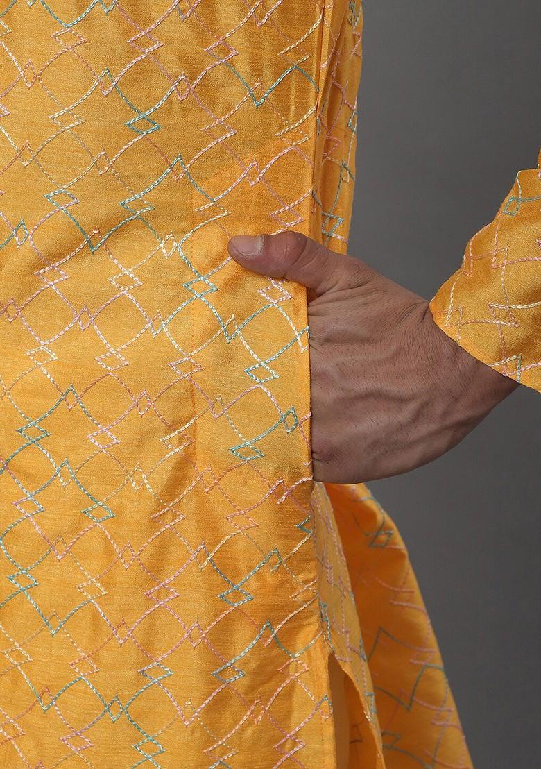 Mustard Embroidered Poly Blend Kurta Set For Men