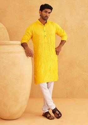 Yellow Embroidered Cotton Kurta Set For Men