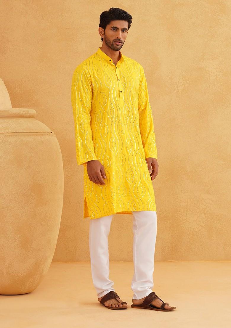 Yellow Embroidered Cotton Kurta Set For Men