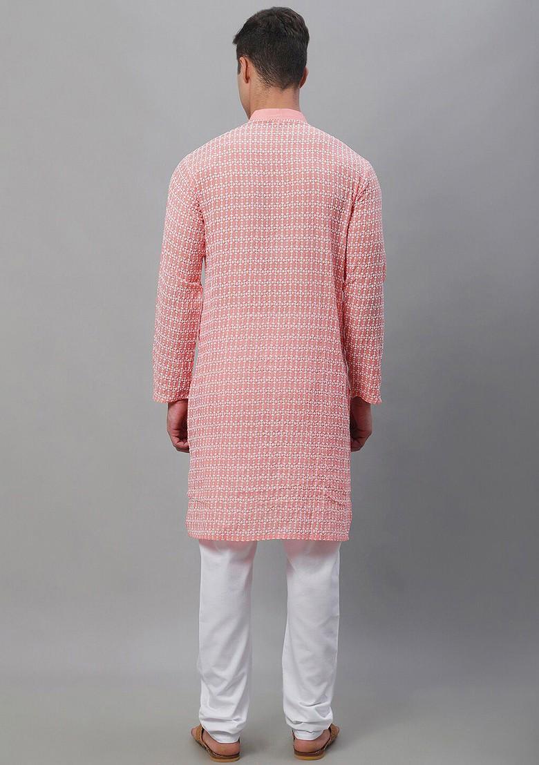Peach Thread Work Cotton Kurta Set For Men