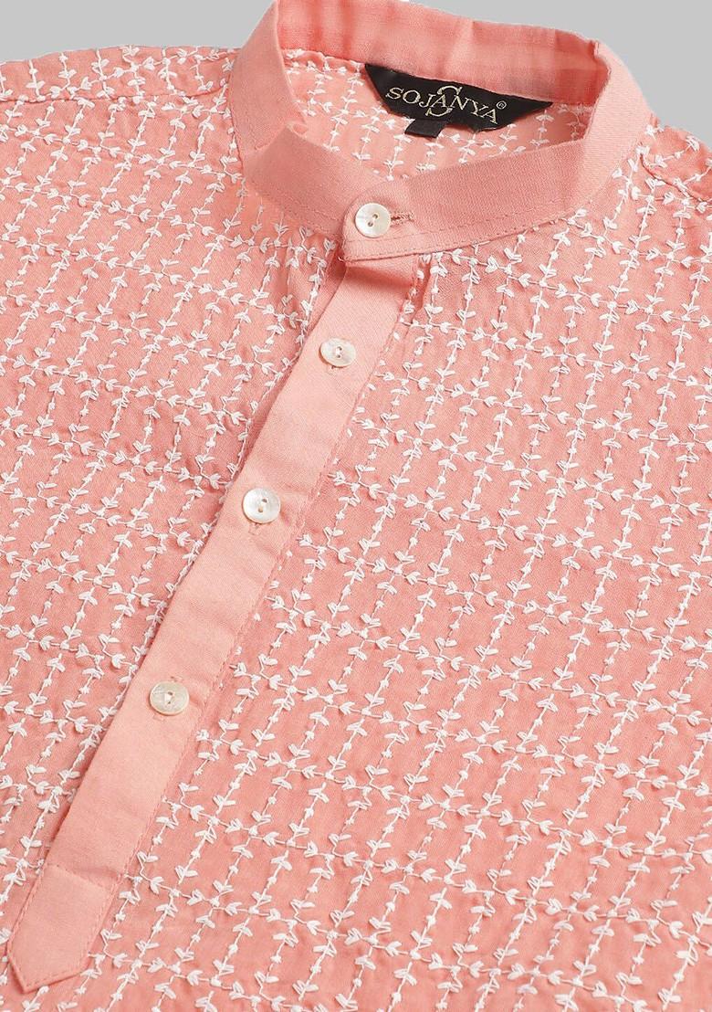 Peach Thread Work Cotton Kurta Set For Men