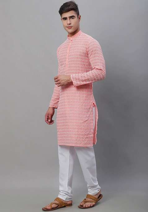 Peach Thread Work Cotton Kurta Set For Men