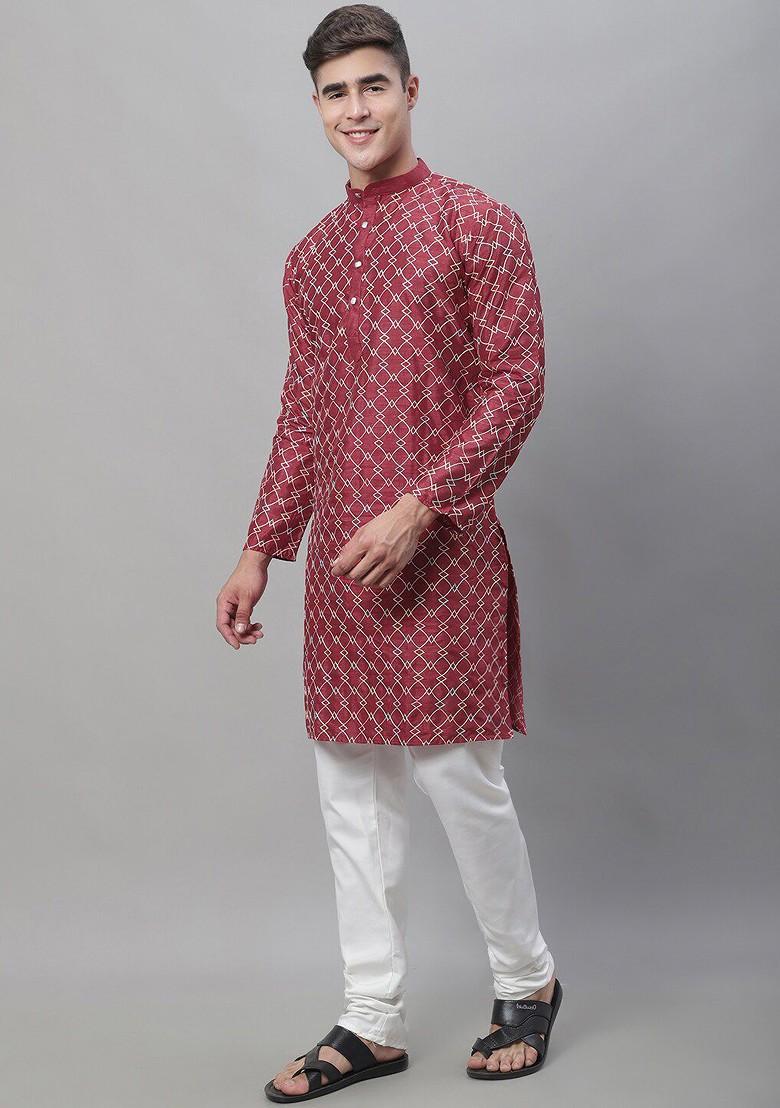 Maroon Embroidered Poly Blend Kurta Set For Men