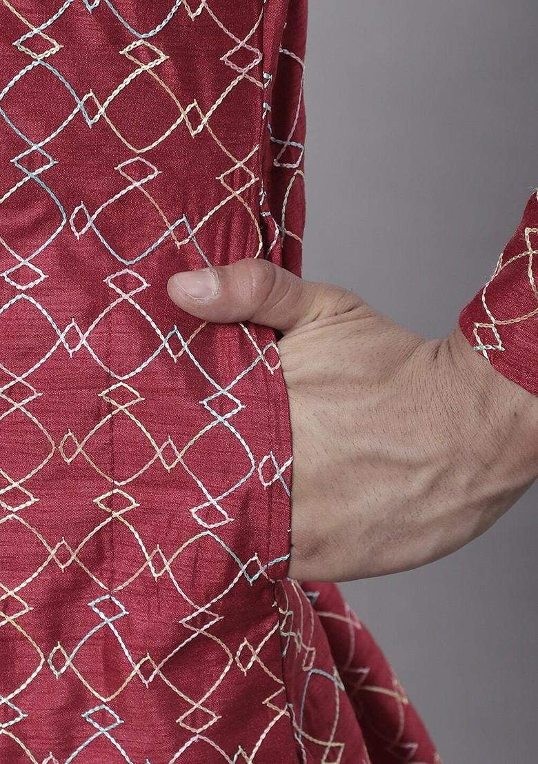 Maroon Embroidered Poly Blend Kurta Set For Men