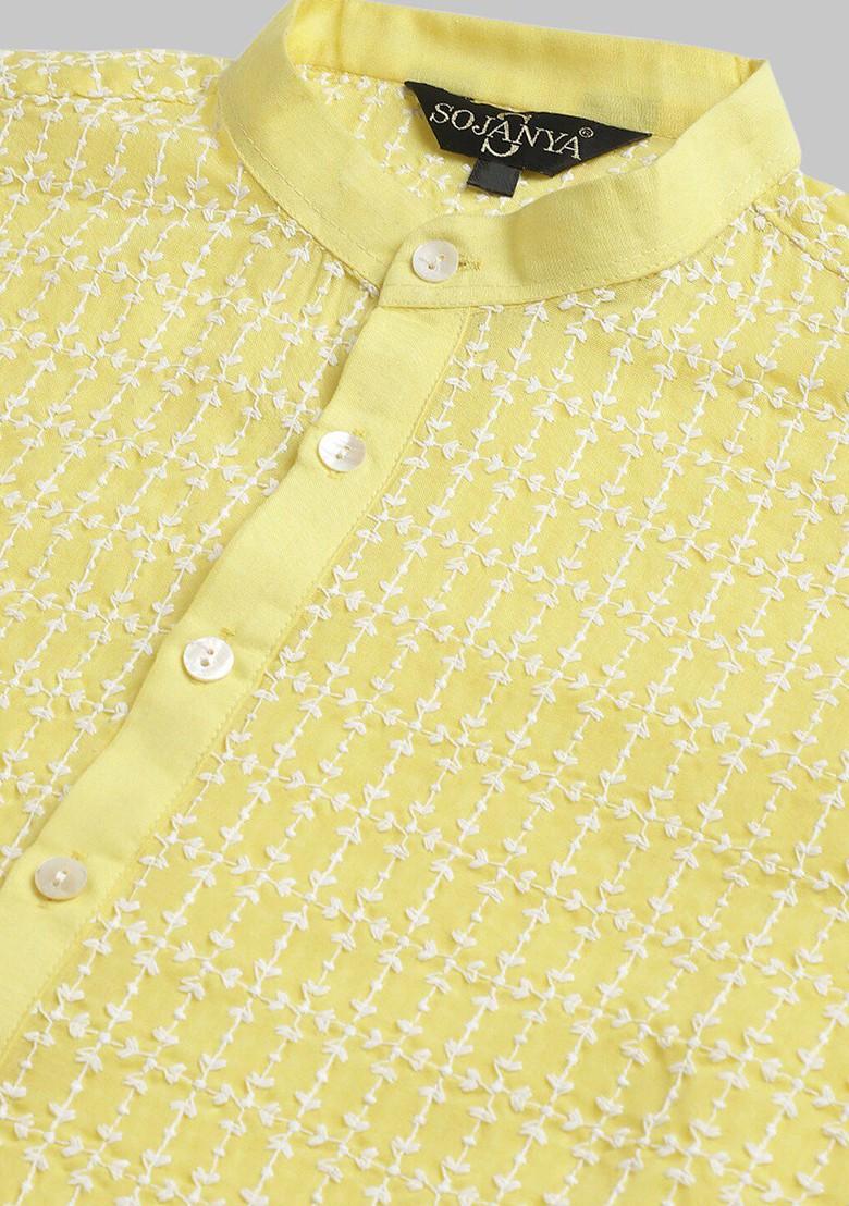Yellow Embroidered Cotton Kurta Set For Men