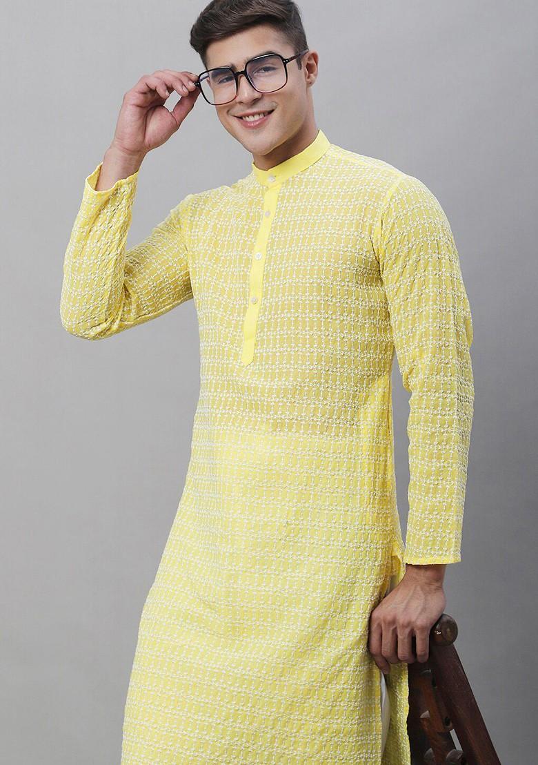 Yellow Embroidered Cotton Kurta Set For Men