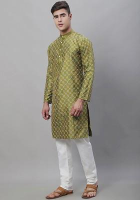 Olive Thread Work Poly Blend Kurta Set For Men