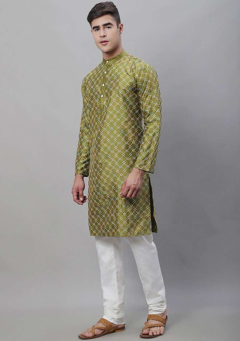 Olive Thread Work Poly Blend Kurta Set For Men - Indya