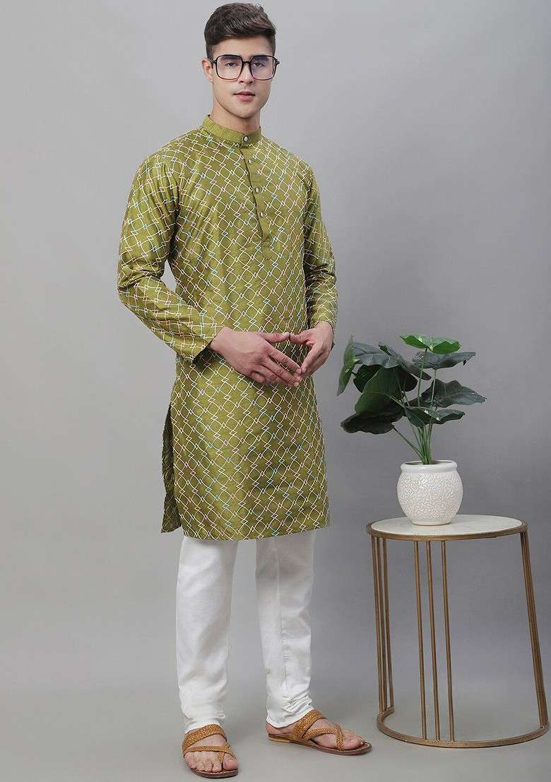 Olive Thread Work Poly Blend Kurta Set For Men - Indya