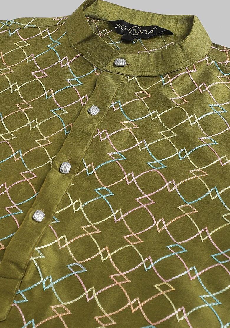 Olive Thread Work Poly Blend Kurta Set For Men