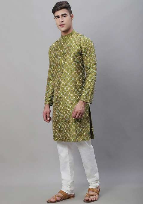 Olive Thread Work Poly Blend Kurta Set For Men