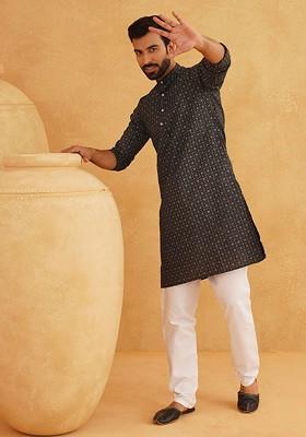 Black Woven Cotton Kurta Set For Men