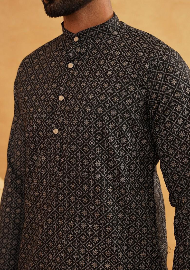 Black Woven Cotton Kurta Set For Men