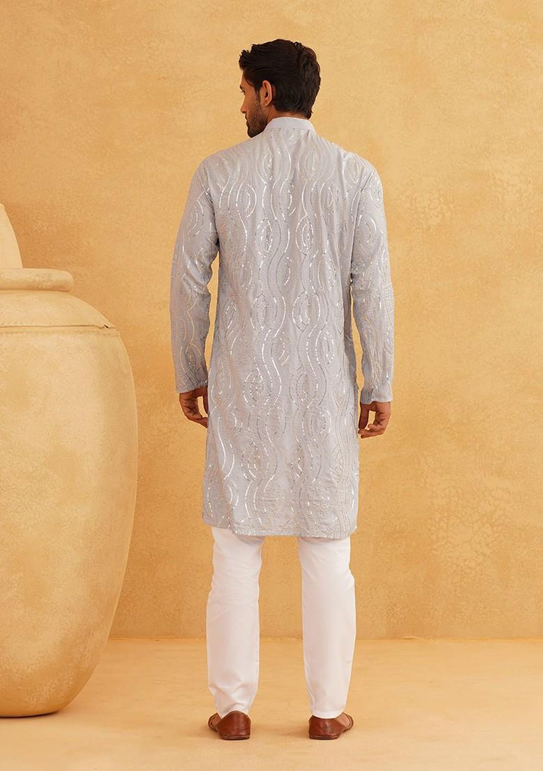 Grey Embroidered Cotton Kurta Set For Men
