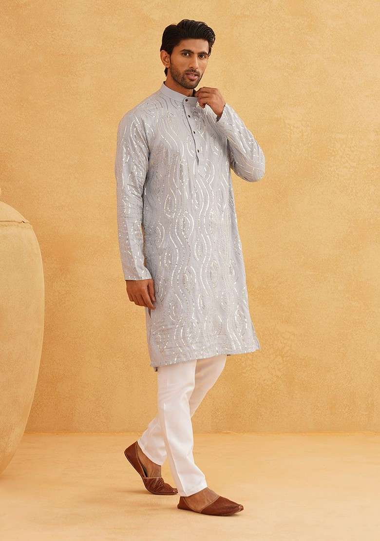 Grey Embroidered Cotton Kurta Set For Men - Indya