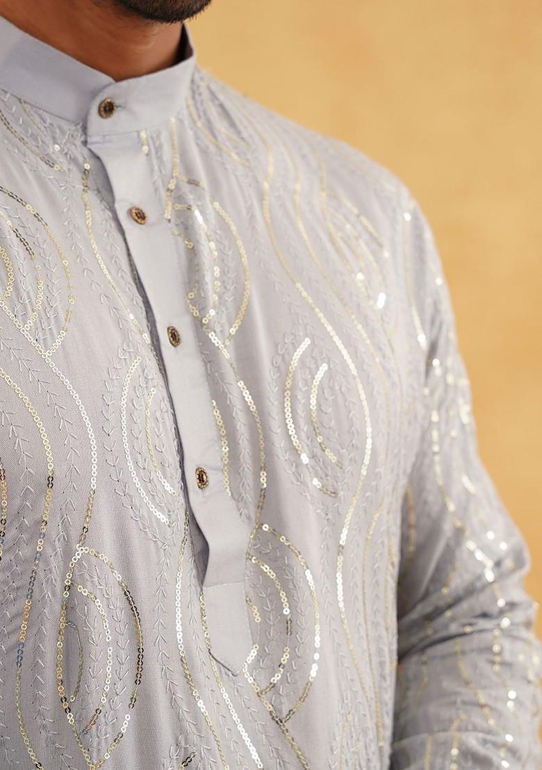 Grey Embroidered Cotton Kurta Set For Men