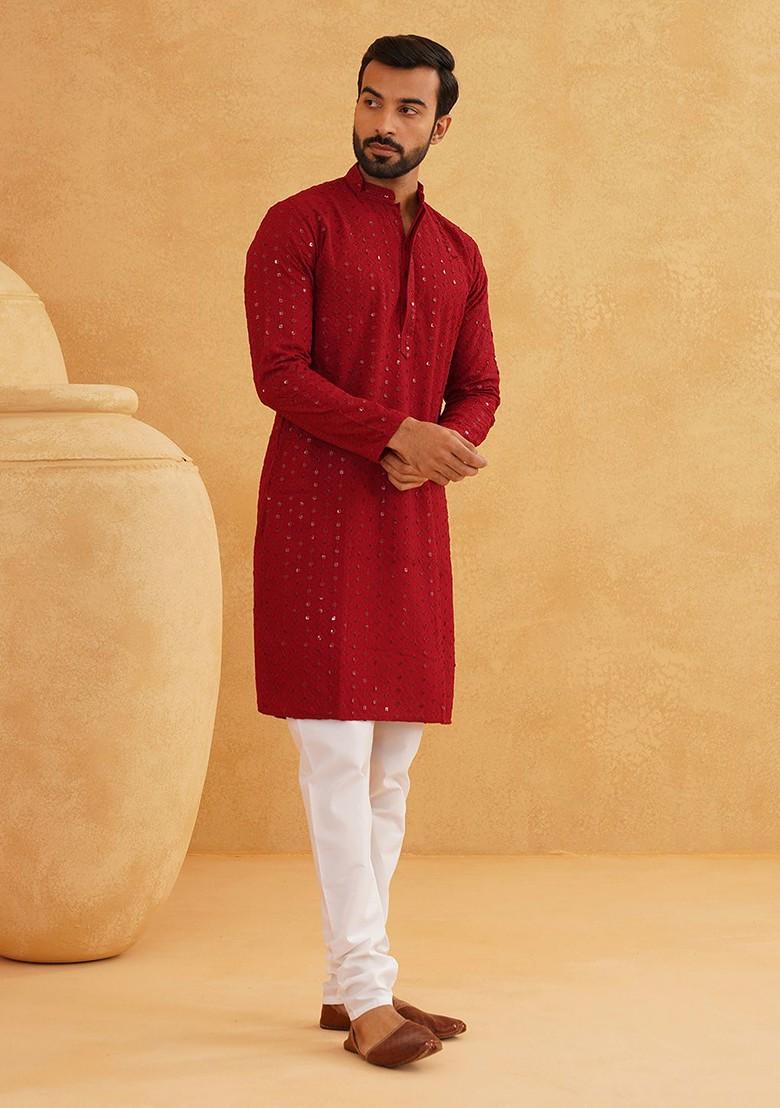 Maroon Embroidered Cotton Kurta Set For Men
