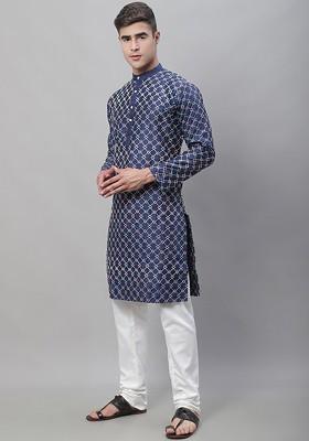 Navy Blue Thread Work Poly Blend Kurta Set For Men