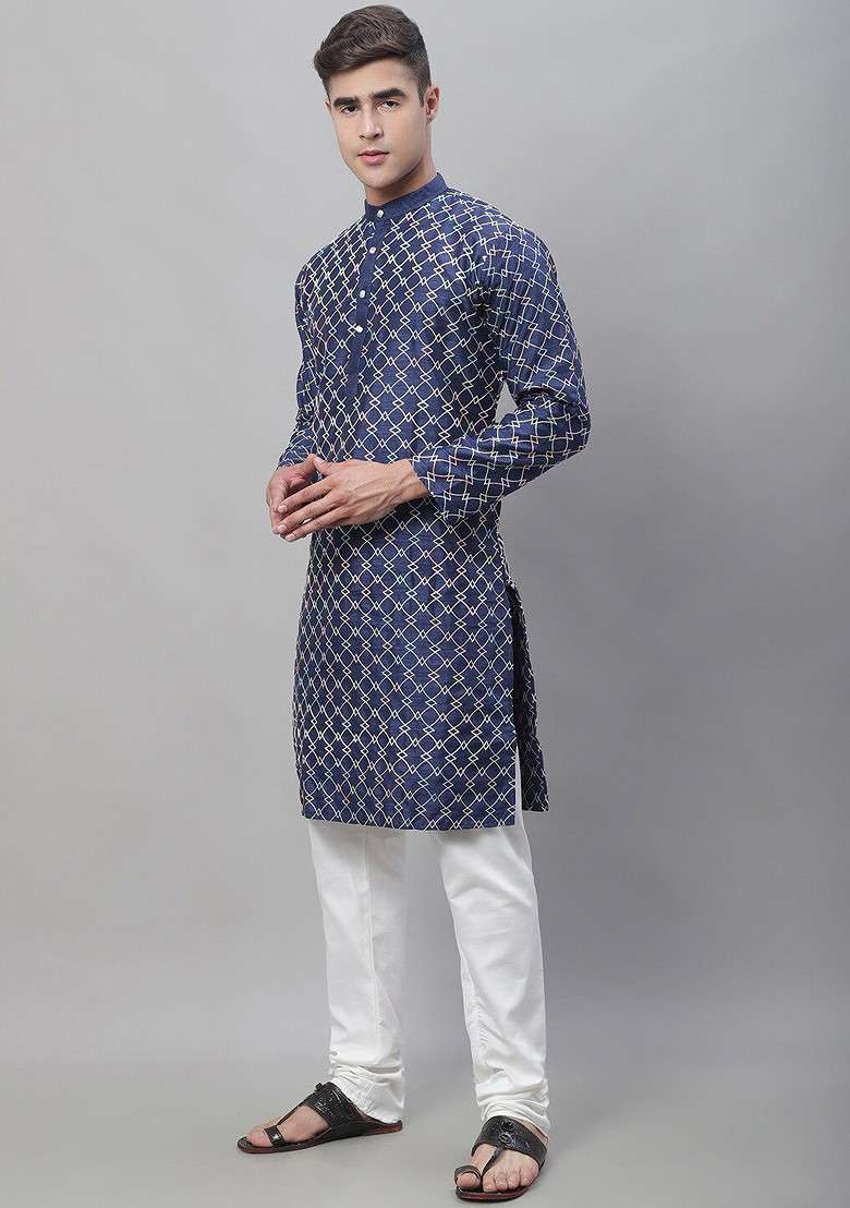 Navy Blue Thread Work Poly Blend Kurta Set For Men - Indya