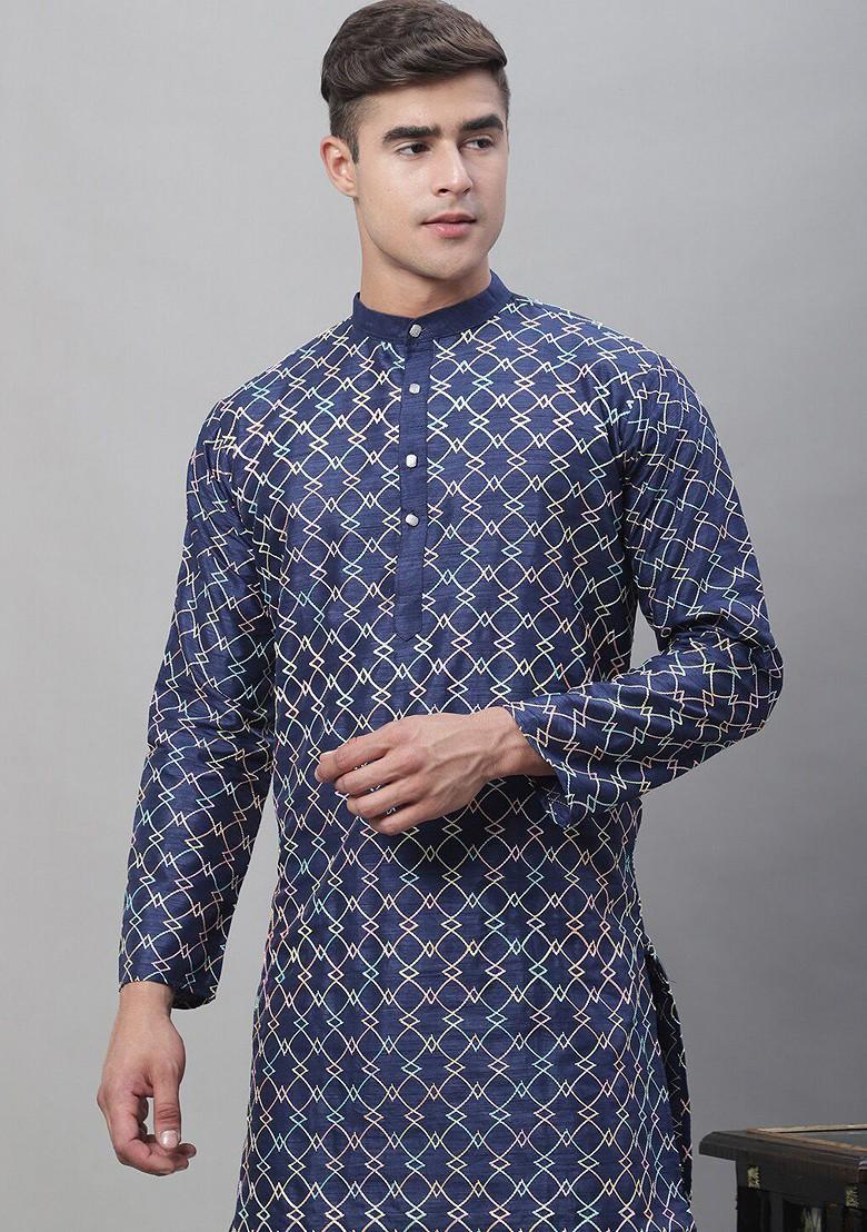 Navy Blue Thread Work Poly Blend Kurta Set For Men