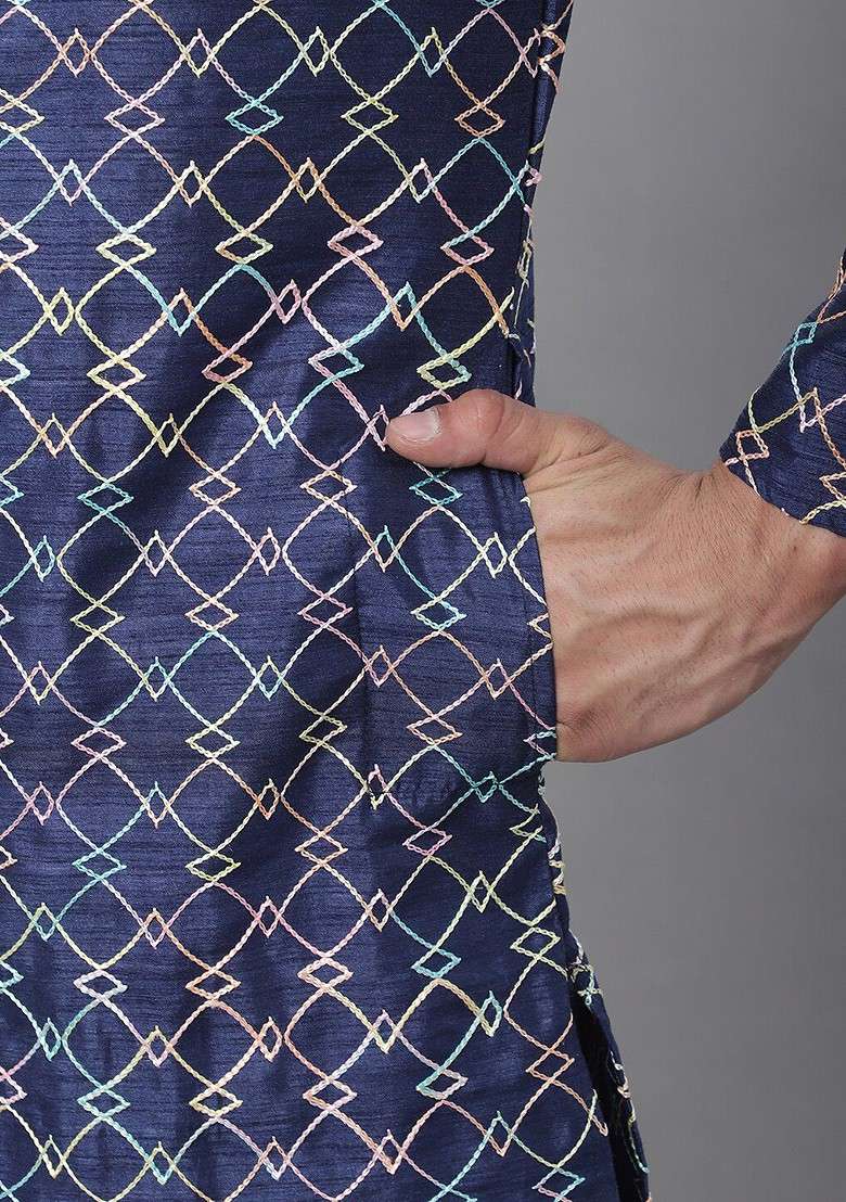 Navy Blue Thread Work Poly Blend Kurta Set For Men - Indya