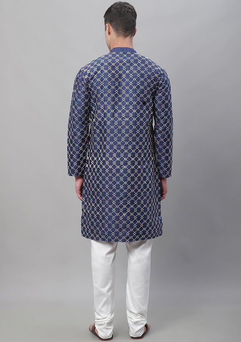 Navy Blue Thread Work Poly Blend Kurta Set For Men