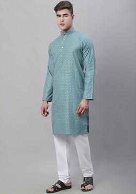 Blue Ethnic Motifs Cotton Kurta Set For Men