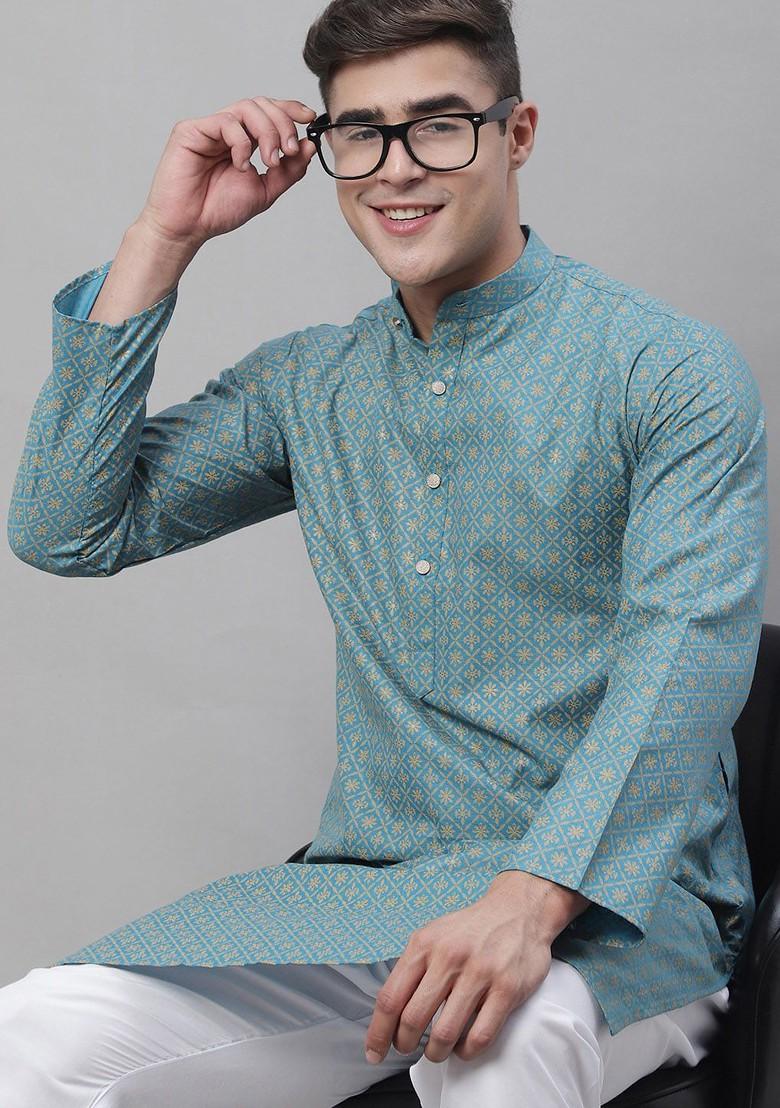 Blue Ethnic Motifs Cotton Kurta Set For Men