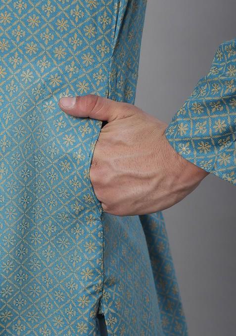 Blue Ethnic Motifs Cotton Kurta Set For Men