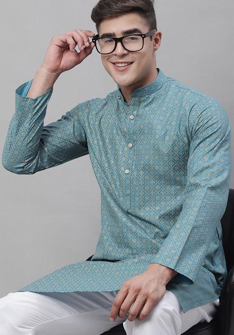 Blue Ethnic Motifs Cotton Kurta Set For Men