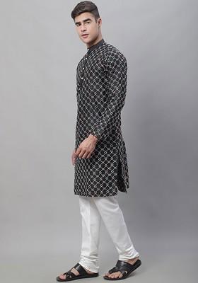 Black Thread Work Cotton Kurta Set For Men