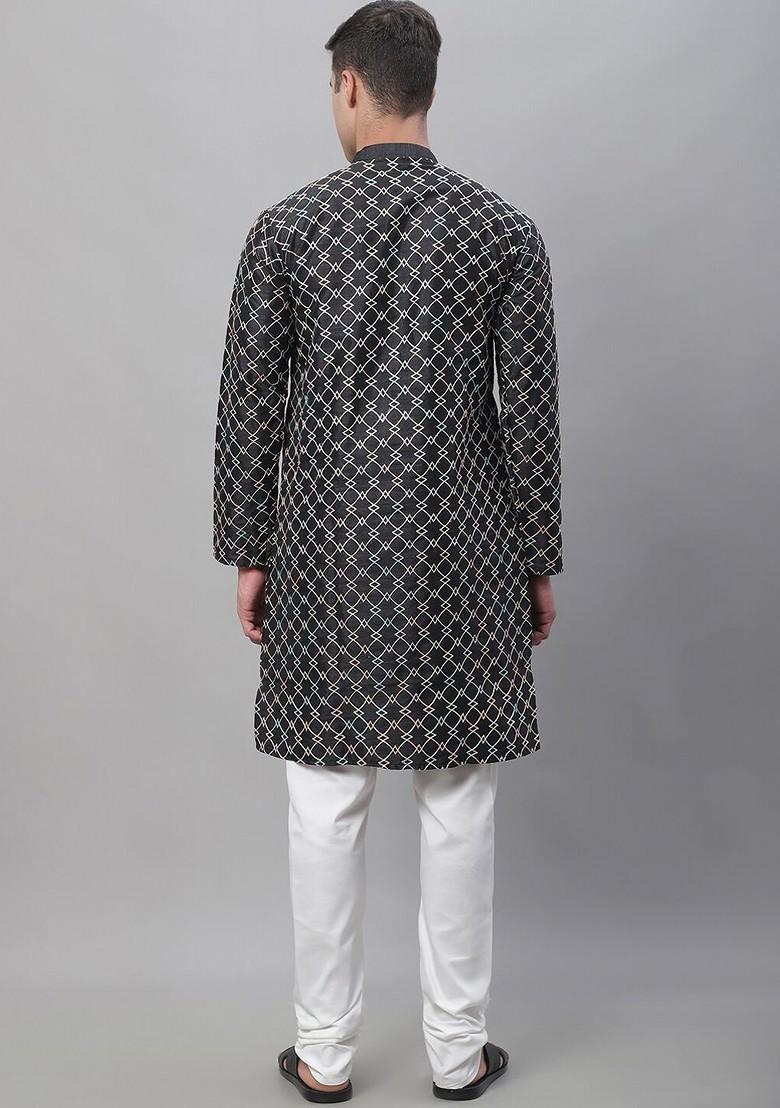 Black Thread Work Cotton Kurta Set For Men