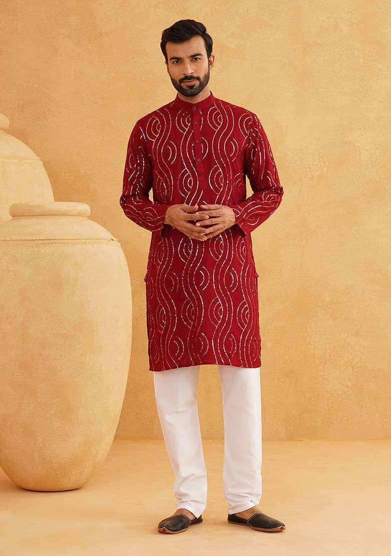 Maroon Embroidered Cotton Kurta Set For Men - Indya