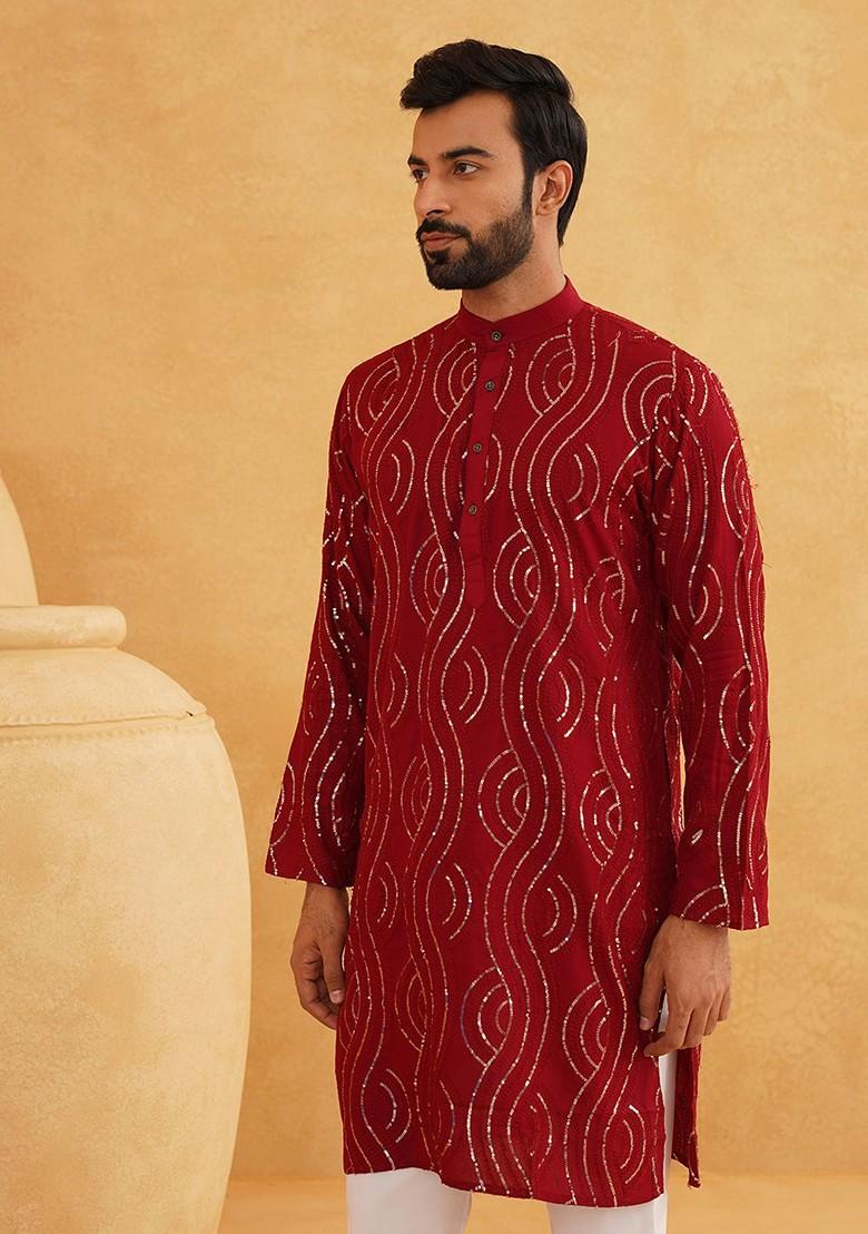 Maroon Embroidered Cotton Kurta Set For Men