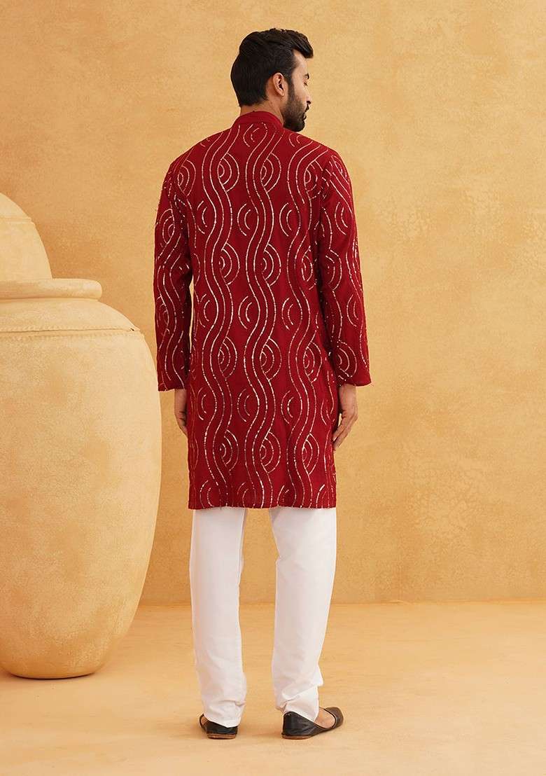 Maroon Embroidered Cotton Kurta Set For Men - Indya