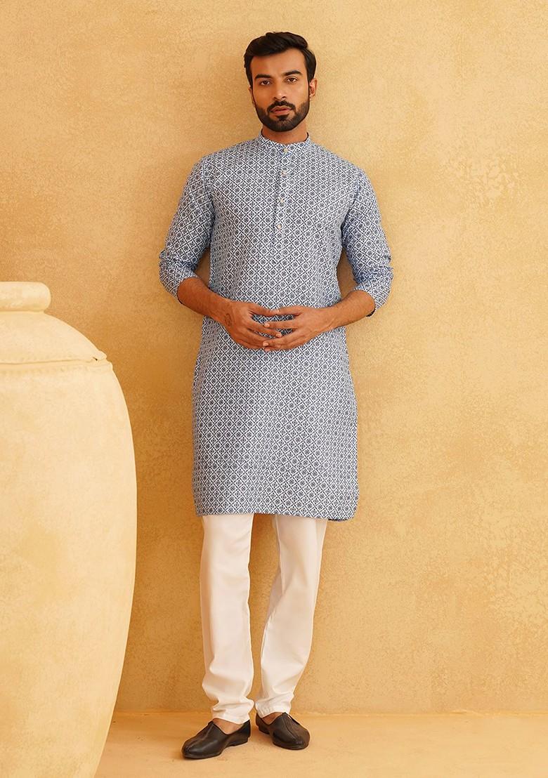 Blue Ethnic Motifs Cotton Kurta Set For Men