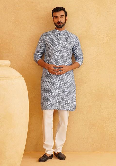 Blue Ethnic Motifs Cotton Kurta Set For Men