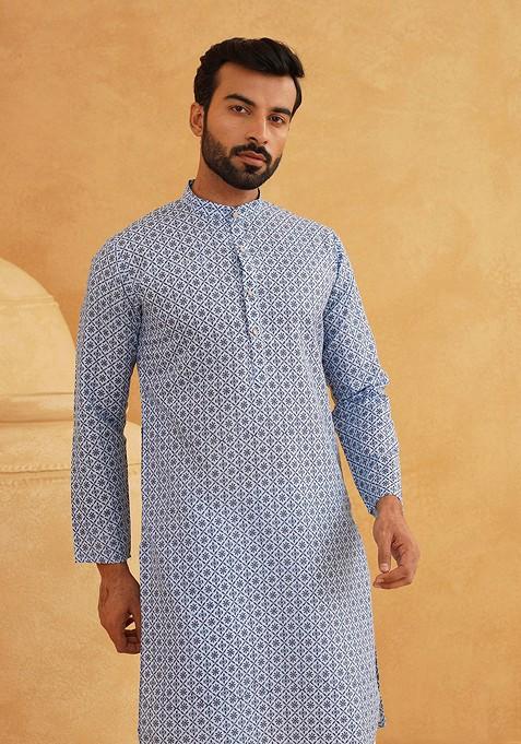 Blue Ethnic Motifs Cotton Kurta Set For Men