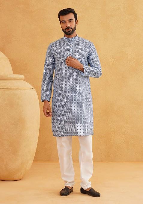 Blue Ethnic Motifs Cotton Kurta Set For Men
