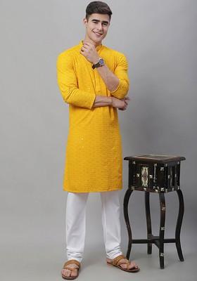Mustard Embroidered Cotton Kurta Set For Men
