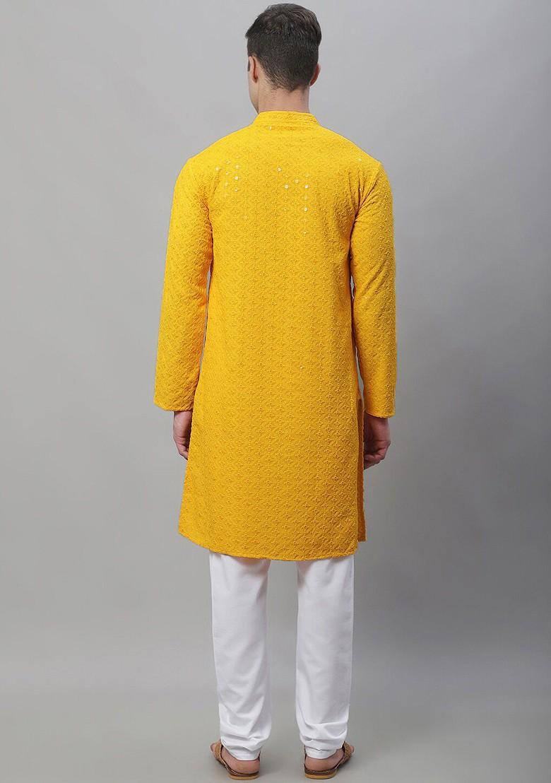 Mustard Embroidered Cotton Kurta Set For Men